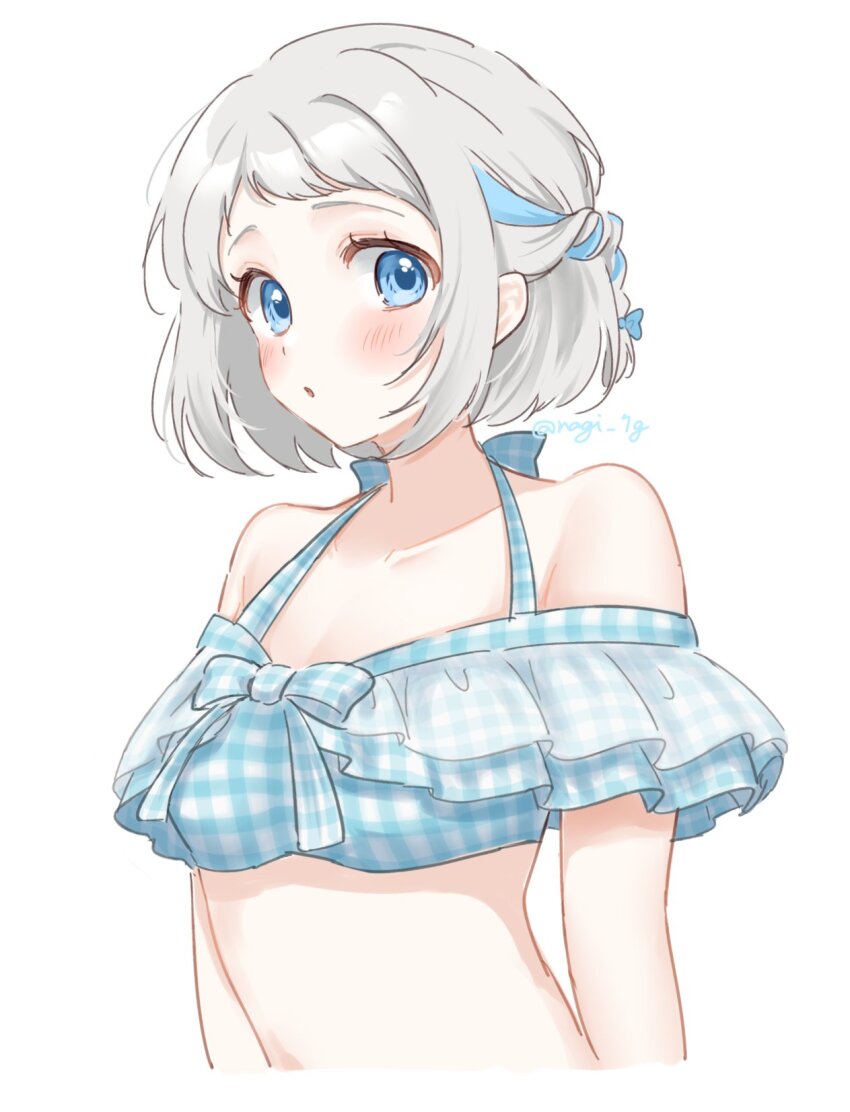 1girl bikini blue_bikini blue_eyes blue_ribbon blush bow braid breasts collarbone cropped_torso frilled_bikini frills gakuen_idolmaster grey_hair hair_ribbon halterneck highres idolmaster katsuragi_lilja looking_at_viewer medium_breasts nagi_7g off-shoulder_bikini off_shoulder parted_lips plaid_bikini plaid_clothes ribbon short_hair sidelocks simple_background solo swimsuit white_background