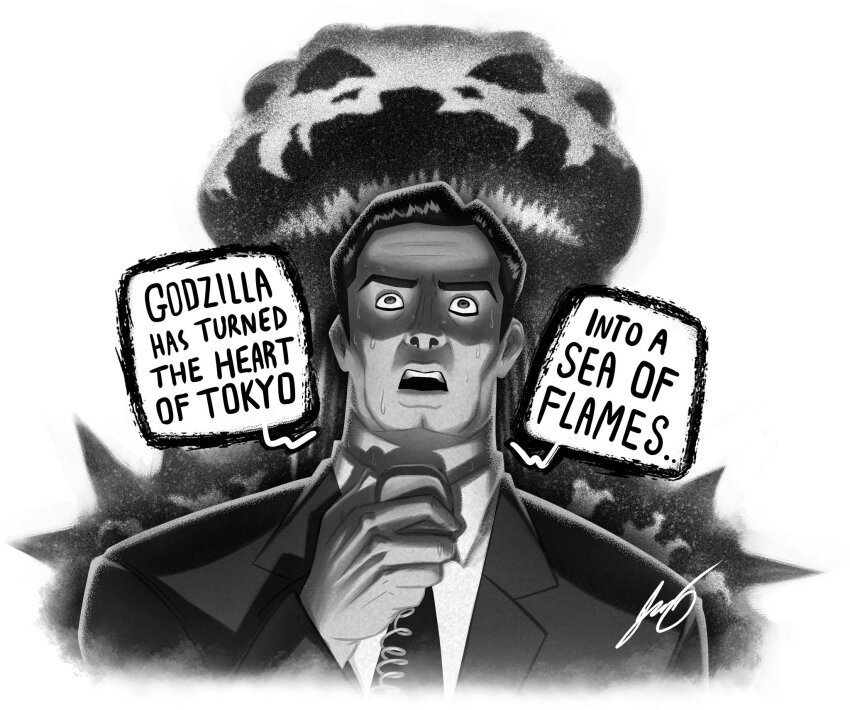 1boy business_suit dinosaur english_text explosion formal_clothes godzilla godzilla:_king_of_the_monsters_(u.s._gojira_edit) godzilla_(1954) godzilla_(series) highres kaiju looking_at_viewer microphone monochrome monster mushroom_cloud necktie nuclear_explosion open_mouth pyrasterran sea_monster sharp_teeth signature speech_bubble spikes steve_martin_(godzilla) suit sweat teeth toho