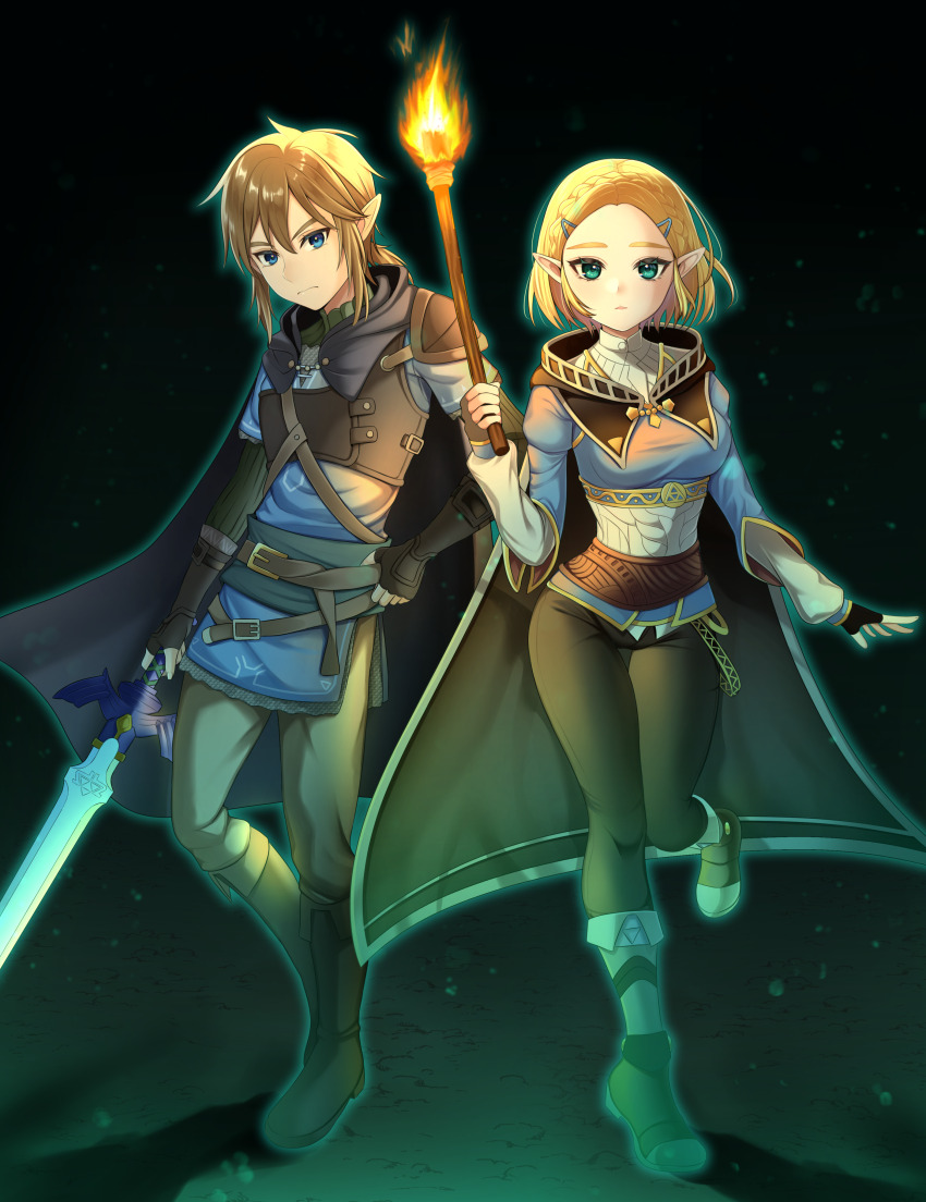 1boy 1girl absurdres belt black_cape black_gloves black_pants blonde_hair blue_eyes blue_tunic boots brown_belt brown_boots brown_pants cape champion&#039;s_tunic_(zelda) closed_mouth commentary dark_background fingerless_gloves fold-over_boots gloves green_eyes hair_ornament hairclip heel_up highres holding holding_sword holding_torch holding_weapon kurosaki_coco layered_sleeves link long_sleeves looking_at_viewer master_sword nintendo pants pointy_ears ponytail princess_zelda short_hair short_over_long_sleeves short_ponytail short_sleeves standing standing_on_one_leg sword the_legend_of_zelda the_legend_of_zelda:_tears_of_the_kingdom torch tunic weapon