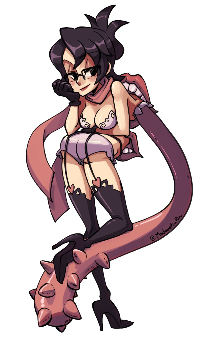 1girl absurdres ass blush bra breasts brown_hair cleavage extra_mouth folded_ponytail garter_belt garter_straps gloves high_heels highres large_breasts madamerinrin monster monster_girl panties pasties red_lips semi-rimless_eyewear skullgirls smile solo thighhighs underwear venus_(skullgirls) white_background