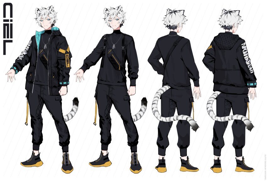 1boy ahoge animal_ear_fluff animal_ear_piercing animal_ears animal_print arm_at_side arm_belt artist_name belt black_bag black_belt black_hair black_jacket black_pants black_shirt black_shoes black_tail blue_eyes blue_jacket buckle chain chain_necklace character_name clenched_hand closed_mouth colored_shoe_soles commentary contrapposto dog_tags double-parted_bangs earrings english_commentary english_text extra_ears eyebrows_hidden_by_hair fanny_pack from_behind full_body half-closed_eyes high_tops highres hood hood_down hooded_jacket indie_virtual_youtuber invisible_floor jacket jewelry long_eyelashes long_sleeves male_focus mole mole_under_eye mole_under_mouth multicolored_hair multiple_views narrowed_eyes necklace o-ring o-ring_belt open_hand outstretched_arm pants pocket print_belt reference_sheet shirt shoes short_hair shoulder_strap sidelocks smile snap-fit_buckle sneakers streaked_hair striped_tail stud_earrings tail thick_eyelashes tiger_boy tiger_ears tiger_print tiger_stripes tiger_tail tsurime turnaround turtleneck turtleneck_shirt two-sided_fabric two-sided_jacket two-tone_hair two-tone_tail unzipped v-shaped_eyebrows vertigris virtual_youtuber white_background white_hair white_tail yellow_belt yellow_shoes zipper