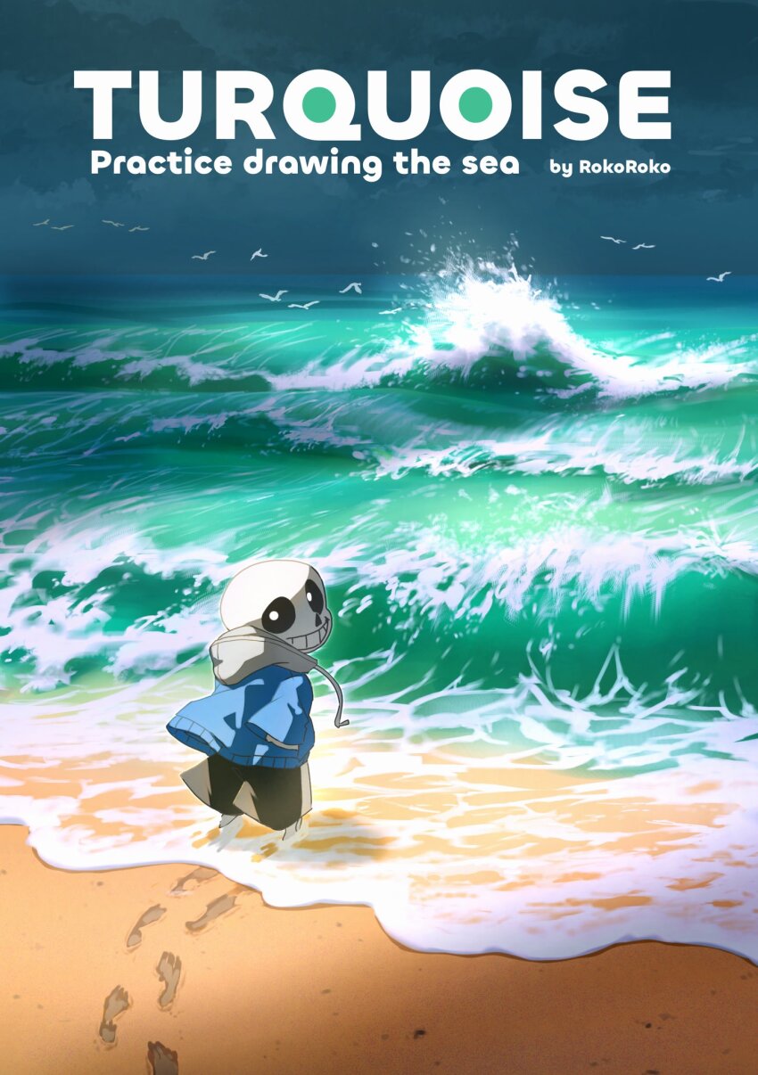 1boy artist_name barefoot beach black_shorts blue_jacket english_text grin highres hollow_eyes jacket korokor59513559 looking_back male_focus ocean sans_(undertale) shorts skeleton smile solo teeth undertale