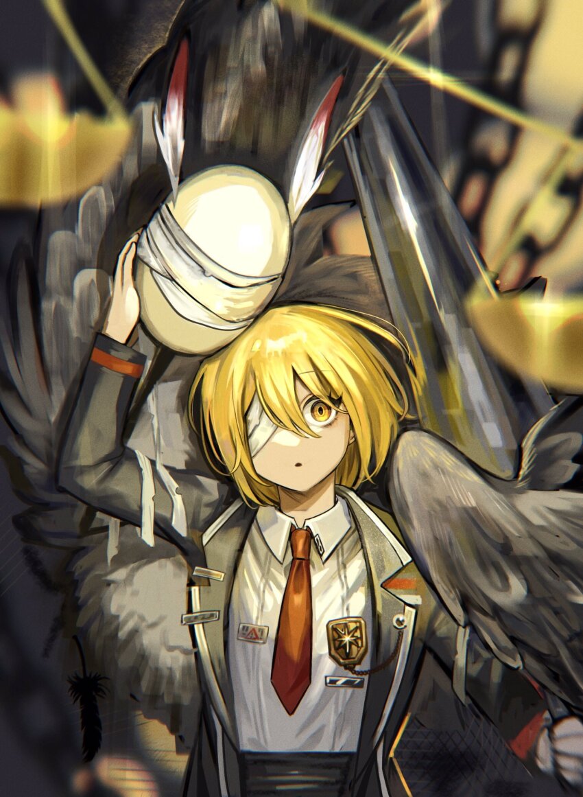 1girl badge bandage_over_one_eye black_coat blonde_hair coat collared_shirt don_quixote_(project_moon) highres holding holding_polearm holding_weapon judgement_bird lance lapels limbus_company lobotomy_corporation looking_at_viewer na-gyou_(nunumaru) necktie notched_lapels parted_lips polearm project_moon red_necktie shirt short_hair solo weapon white_shirt yellow_eyes