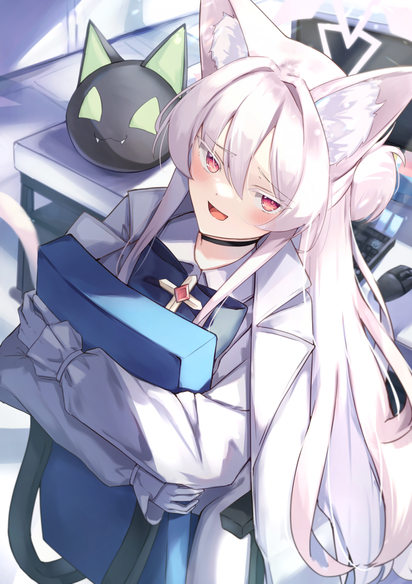 1girl :d aki_tsune akira_(blue_archive) animal_ear_fluff animal_ears black_bow black_bowtie black_choker blue_archive blush bow bowtie cat_ears cat_girl cat_tail chair choker coat coat_on_shoulders collared_shirt colored_eyelashes commentary computer_keyboard eyes_visible_through_hair feet_out_of_frame furrowed_brow gloves hair_between_eyes hair_intakes half_updo halo highres hugging_object indoors long_hair long_sleeves looking_at_viewer monitor office on_chair open_mouth pants pink_halo ponytail red_eyes shirt short_ponytail sidelocks sitting smile solo straight_hair table tail tail_raised tsurime upturned_eyes very_long_hair white_coat white_eyelashes white_gloves white_hair white_pants white_shirt