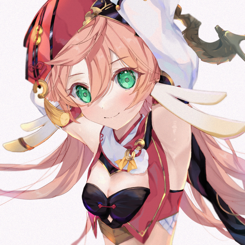 1girl antlers armpits arms_behind_head arms_up bare_shoulders black_bra blush bra breasts cleavage crop_top detached_sleeves genshin_impact green_eyes highres horns isuzu_(an_icy_cat) long_hair looking_at_viewer medium_breasts pink_hair red_headwear smile solo tassel underwear yanfei_(genshin_impact)