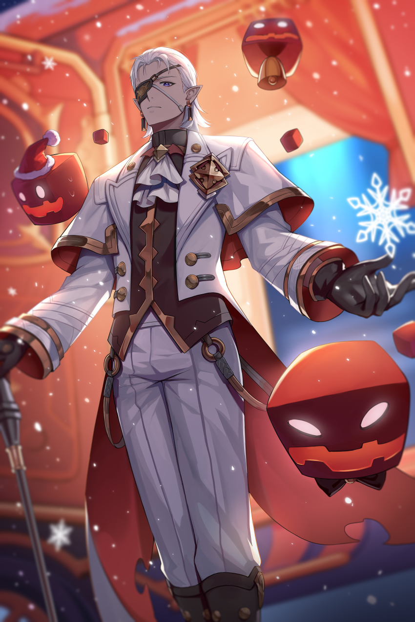 1boy 2r-_(pixiv8168114) absurdres alchemy_stars ascot bell black_gloves black_shirt blurry blurry_background boots cane closed_mouth earrings eyepatch gloves hat highres jacket jewelry jingle_bell long_sleeves male_focus nails_(alchemy_stars) official_alternate_costume pants pointy_ears purple_eyes santa_hat shirt short_hair snow snowflakes solo standing tailcoat white_ascot white_hair white_jacket white_pants