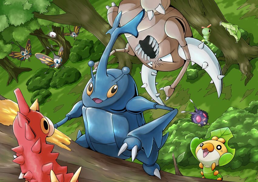 absurdres beautifly branch bug bush caterpie flying forest gen_1_pokemon gen_2_pokemon gen_3_pokemon gen_5_pokemon grass heracross highres metapod nature nintendo no_humans on_branch pinsir pokemon pokemon_(creature) q-chan sewaddle silcoon tree upside-down venonat wurmple