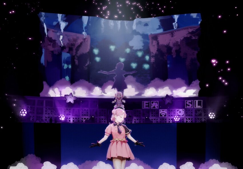 2girls :d black_bow black_bowtie black_capelet black_gloves black_necktie blue_eyes blunt_bangs bow bowtie bun_cover bun_with_braided_base capelet cleavage_cutout closed_eyes closed_mouth clothing_cutout commentary coral_hair_ornament double_bun dress fishnet_pantyhose fishnets frilled_gloves frilled_shirt frills gloves hair_bun hair_ornament hairclip half_updo highres long_hair love_live! love_live!_nijigasaki_high_school_idol_club love_live!_nijigasaki_high_school_idol_club_the_movie_-_finale medium_hair memory_kosei miniskirt multiple_girls necktie official_alternate_costume open_mouth pantyhose phoenix_(love_live!) pink_hair pink_shirt pink_skirt pleated_skirt puffy_short_sleeves puffy_sleeves shirt short_sleeves side_cape single_side_bun skirt skirt_set sleeveless sleeveless_dress smile stage standing stellar_stream_(love_live!) swept_bangs u_u uehara_ayumu white_dress wide_shot zhong_lanzhu zoom_layer