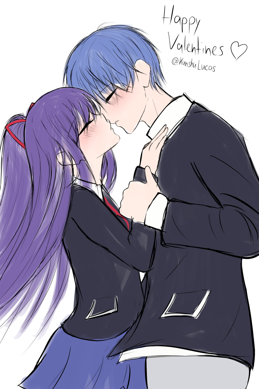 1boy 1girl absurdres blue_hair blush date_a_live english_text highres itsuka_shidou kiss kunshulucas long_hair purple_hair school_uniform short_hair yatogami_tohka