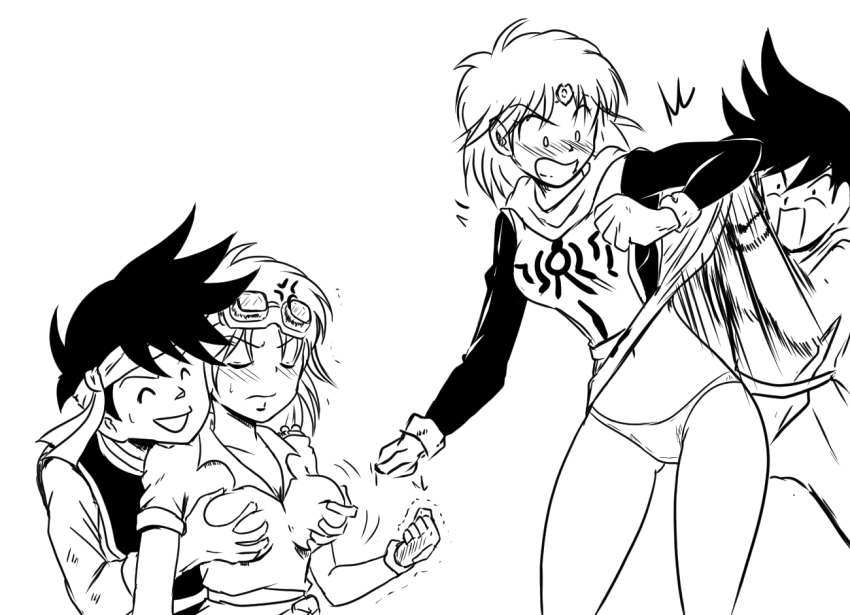 1boy 1girl angry blush breasts cleavage clothes_lift dragon_quest dragon_quest_dai_no_daibouken dragon_quest_pop flip_skirt gloves goggles goggles_on_head grabbing_another&#039;s_breast grabbing_from_behind grin groping legs looking_at_another maam panties pop_(dragon_quest_dai_no_daibouken) skirt skirt_lift smile underwear upskirt
