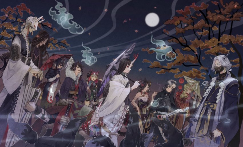 asa_tuki_893 bird black_hair blonde_hair cloud demi_bourbon eli_clark fox_mask from_side fur hakama highres holding holding_sword holding_umbrella holding_weapon horns identity_v japanese_clothes joseph_desaulniers kimono leaf long_hair luca_balsa margaretha_zelle mask michiko_(identity_v) moon multiple_boys multiple_girls owl ponytail short_hair smile smoke smoking_pipe sword umbrella victor_grantz violetta_(identity_v) weapon xie_bian