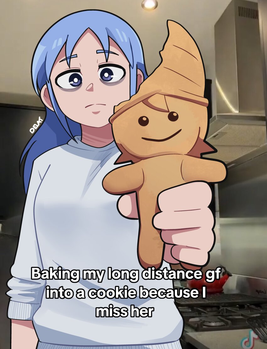 1girl absurdres aged_up aioi_yuuko bags_under_eyes baking_my_long_distance_bf_into_a_cookie_because_i_miss_him_(meme) blue_eyes blue_hair character-themed_food character_cookie cookie delatoid food highres holding holding_cookie holding_food indoors kitchen light_frown long_hair looking_at_viewer meme naganohara_mio nichijou photo_background sweater upper_body white_sweater