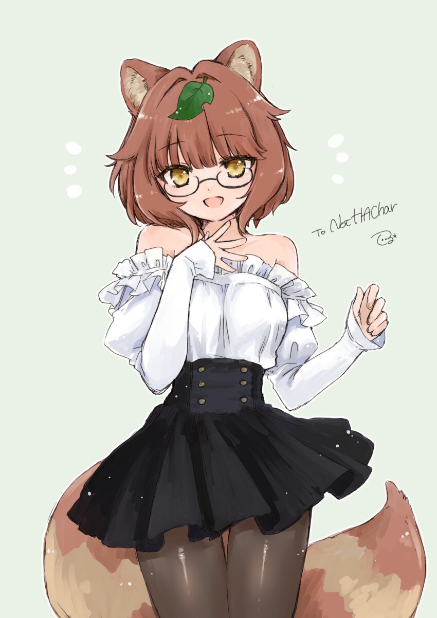 1girl absurdres animal_ears bare_shoulders black_skirt breasts brown_hair dress dress_shirt frilled_shirt frills ginkgo_leaf glasses gyoubu_danuki_(monster_girl_encyclopedia) happy highres leaf long_sleeves looking_at_viewer monster_girl monster_girl_encyclopedia multicolored_tail non-web_source off-shoulder_shirt off_shoulder open_mouth pantyhose raccoon_ears raccoon_girl raccoon_tail shirt simple_background skirt smile solo tail twitter_username white_shirt yellow_eyes