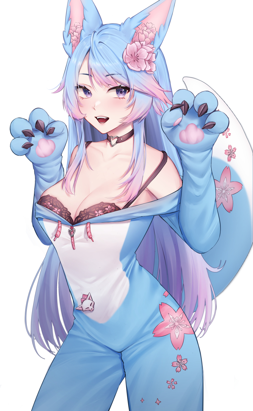 1girl absurdres animal_ear_fluff animal_ears black_bra blue_eyes blue_hair blush boots bra breasts choker claw_pose cleavage flower gradient_hair hair_flower hair_ornament heart heart_choker highres indie_virtual_youtuber lace-up_boots large_breasts long_hair multicolored_hair o-ring o-ring_choker open_mouth pink_flower pink_hair silvervale silvervale_(wolf_onesie) smile solo streaked_hair tail tail_flower tail_ornament underwear very_long_hair virtual_youtuber wolf_ears wolf_girl wolf_tail yiotaart