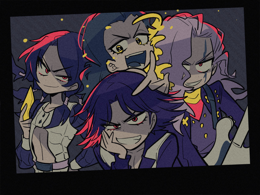 4boys abs_cutout black_eyes black_hair chibi diamond_wa_kudakenai glass_shards guitar hex_tails illuso instrument jojo_no_kimyou_na_bouken letterboxed limited_palette long_hair male_focus multicolored_hair multiple_boys otoishi_akira patted_vest pointing purple_hair red_eyes red_hair rubber_soul sameyama_jiro scar scar_on_face scarf slime_(substance) stand_(jojo) stardust_crusaders steely_dan two-tone_hair vento_aureo yellow_temperance