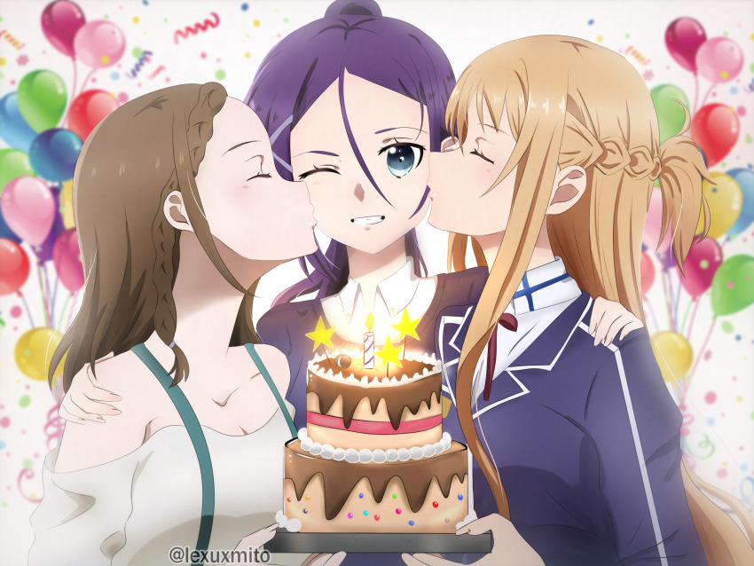 3girls absurdres asuna_(sao) balloon bare_shoulders brown_hair cake candle character_request cheek_kiss closed_eyes collar collarbone commentary confetti double_cheek_kiss english_commentary food green_eyes grin hair_ornament highres kiss lexuz long_hair mito_(sao) multiple_girls one_eye_closed ponytail simple_background smile sword_art_online tozawa_misumi white_background x_hair_ornament yuri
