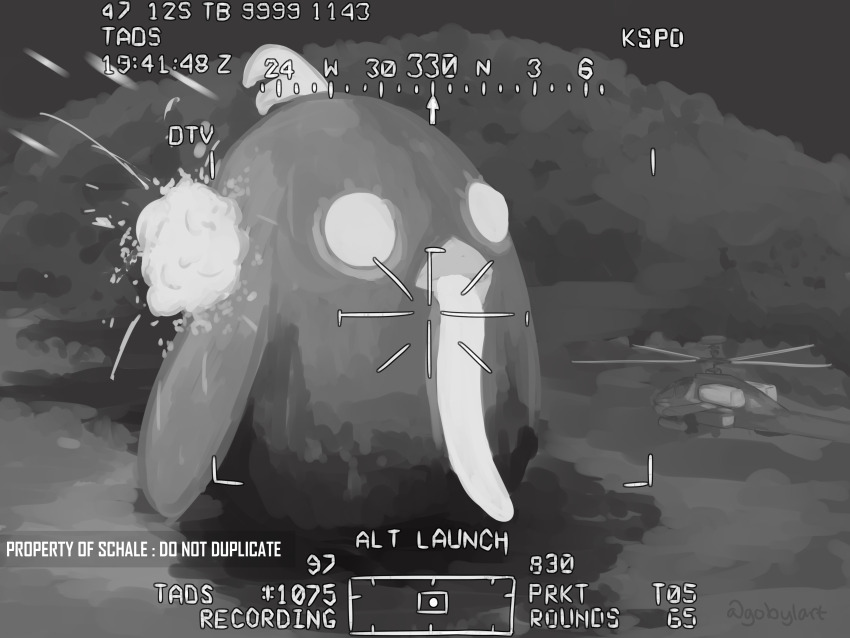 absurdres ah-64_apache aircraft attack_helicopter blue_archive commentary english_commentary english_text explosion gobyl heads-up_display helicopter highres infrared long_tongue military_vehicle monochrome monster monster_focus outdoors perorozilla_(blue_archive) thermal_weapon_sight tongue tongue_out user_interface