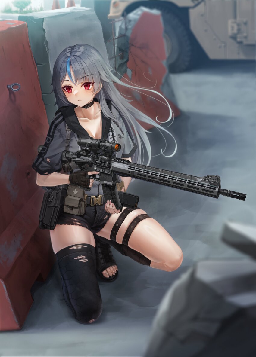 1girl absurdres ar-15 asymmetrical_legwear battle behind_cover black_footwear black_gloves black_shorts black_thighhighs blurry car commission denim denim_shorts depth_of_field enpera_(jdud8375) fingerless_gloves gloves grey_hair grey_shirt gun highres humvee long_hair motor_vehicle original red_eyes reloading rifle scope shirt shorts skeb_commission solo squatting thighhighs thighs toeless_footwear toes torn_clothes weapon