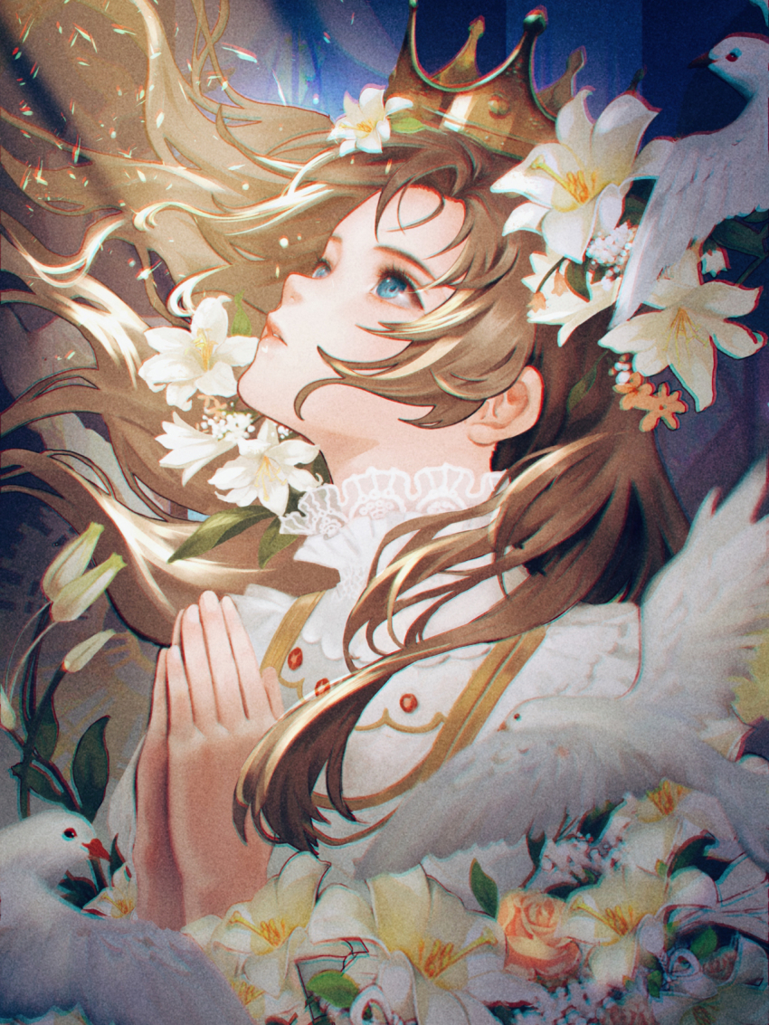 1girl bird blue_background blue_eyes brown_hair bud chinese_commentary commentary_request crown dove eyelashes fingernails floating_hair flower frilled_shirt frills gold_crown hair_flower hair_ornament head_tilt highres lace lace-trimmed_shirt lace_trim light_particles light_rays lily_(flower) lipstick long_hair long_sleeves looking_up makeup original own_hands_together parted_lips pink_flower pink_rose red_lips rose shirt solo turtleneck turtleneck_shirt upper_body very_long_hair white_flower white_shirt youlizi-yuri