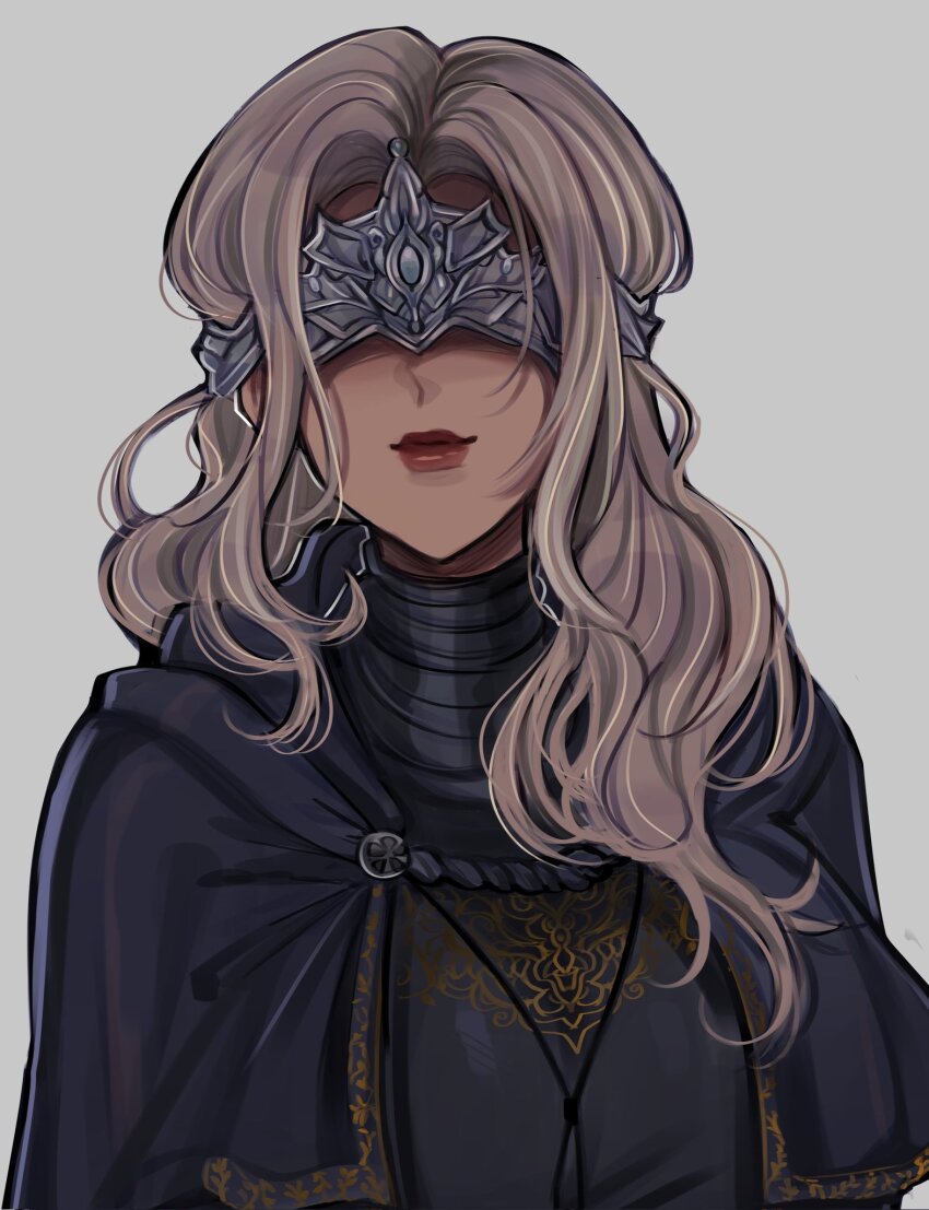 1girl black_capelet blindfold capelet closed_mouth dark_souls_(series) dark_souls_iii fire_keeper grey_background highres long_hair red_lips ruilumen_(ruinique) simple_background smile solo upper_body wavy_hair