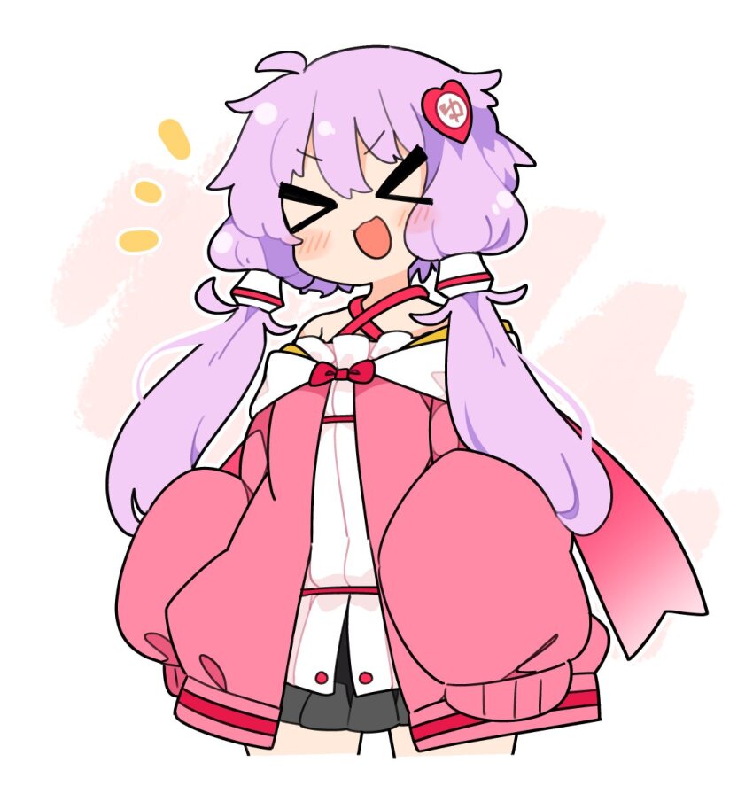 &gt;_&lt; 1girl :d bare_shoulders black_skirt blush cropped_legs dress hair_ornament heart heart_hair_ornament ini_(inunabe00) jacket long_sleeves notice_lines open_clothes open_jacket open_mouth outline pleated_skirt purple_hair red_jacket short_hair_with_long_locks sidelocks skirt sleeves_past_fingers sleeves_past_wrists smile solo v-shaped_eyebrows vocaloid voiceroid white_dress white_outline xd yuzuki_yukari