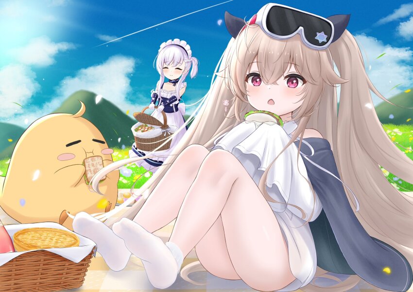 2girls azur_lane bad_link blonde_hair dress food hair_ornament highres little_anchorage_(azur_lane) little_bel_(azur_lane) long_hair long_sleeves maid_headdress manjuu_(azur_lane) multiple_girls open_mouth paashe picnic picnic_basket sitting sleeves_past_fingers sleeves_past_wrists smile socks thighs white_hair white_socks
