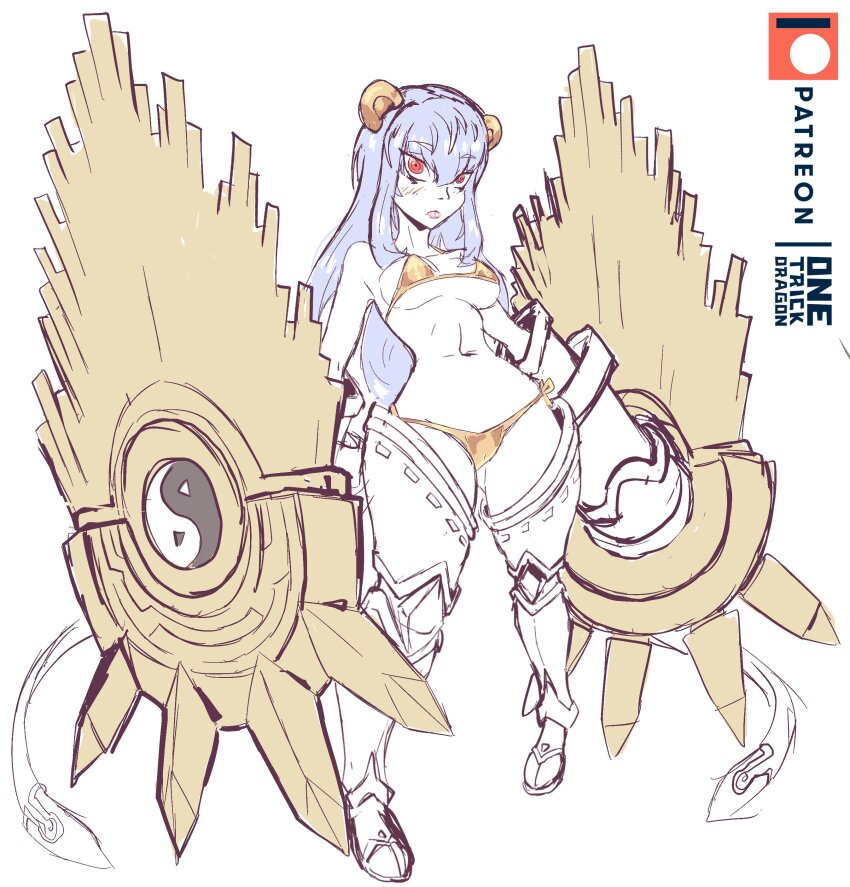 1girl :&lt; absurdres amaterasumon animal_ears artist_name bikini breasts colored_skin curvy digimon digimon_(creature) full_body gold_bikini grey_hair highres horns large_breasts long_hair mechanical_arms navel no_humans one_trick_dragon parted_lips red_skin side-tie_bikini_bottom simple_background single_horn solo swimsuit thong thong_bikini unworn_armor very_long_hair white_background wide_hips yin_yang