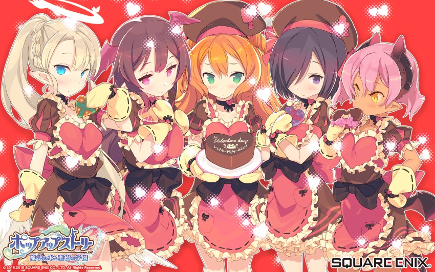 10s 2015 2016 5girls :o alisa_kirsten angel angel_wings apron aqua_eyes black_eyes black_hair blade_(galaxist) blonde_hair braid brown_hair cake carrie_alberta chocolate chocolate_cake company_name copyright_name dark-skinned_female dark_skin dated demon_girl double_bun eating eco_(petticoat) food french_braid frills gift green_eyes hair_bun hair_over_one_eye halo heart heart-shaped_cake heart-shaped_food high_ponytail highres holding horns liliana_hart logo long_hair mittens multiple_girls official_art official_wallpaper orange_hair outline pink_eyes pointy_ears ponytail pop-up_story revia_serge short_hair short_sleeves skirt smile ursula_raiment valentine wings yellow_eyes