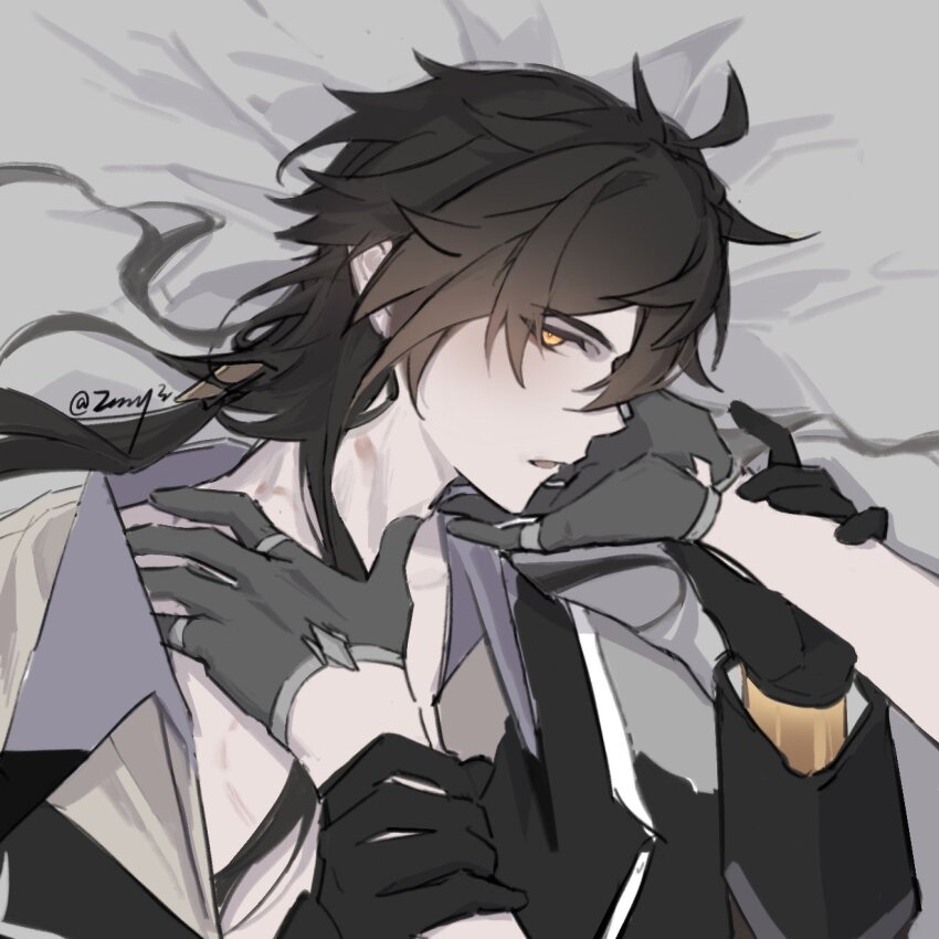 2boys caressing_cheek genshin_impact hand_on_another&#039;s_neck hickey hickeys_on_neck highres lying multiple_boys on_back on_bed solo_focus tartaglia_(genshin_impact) twitter twitter_username yaoi zhongli_(genshin_impact) zyzzzyy