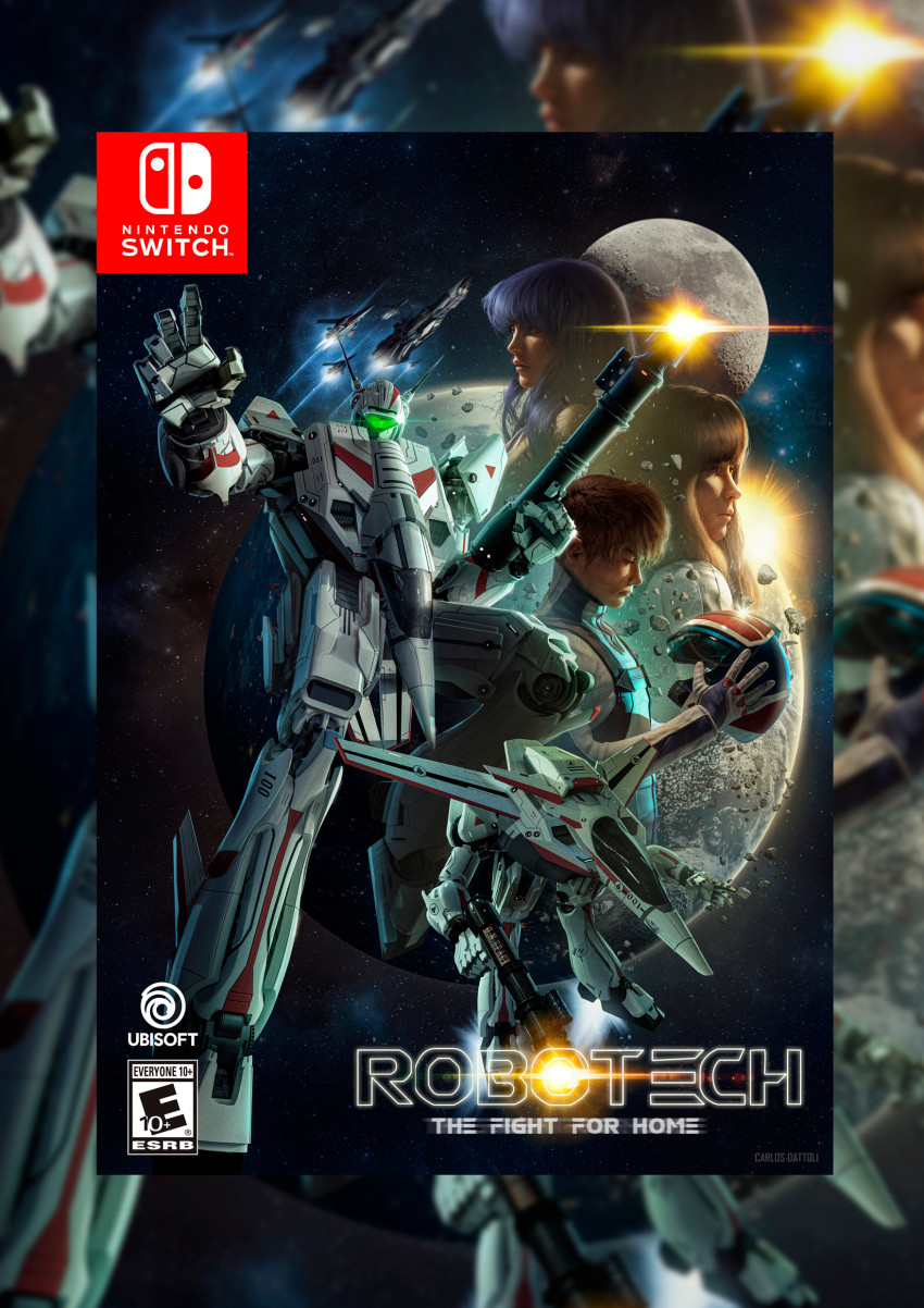 1boy 2girls absurdres asteroid black_hair box_art brown_hair carlosdattoliart choujikuu_yousai_macross commentary cover earth_(planet) english_commentary english_text closed_eyes fake_box_art fake_cover fleet gerwalk gloves gunpod hayase_misa unworn_headwear helmet unworn_helmet highres ichijou_hikaru lisa_hayes lynn_minmay machinery macross mecha moon multiple_girls nintendo nintendo_switch pilot pilot_suit planet realistic redesign rick_hunter robot robotech science_fiction sdf-1 space spacecraft thrusters ubisoft variable_fighter vf-1 vf-1j video_game zero_gravity