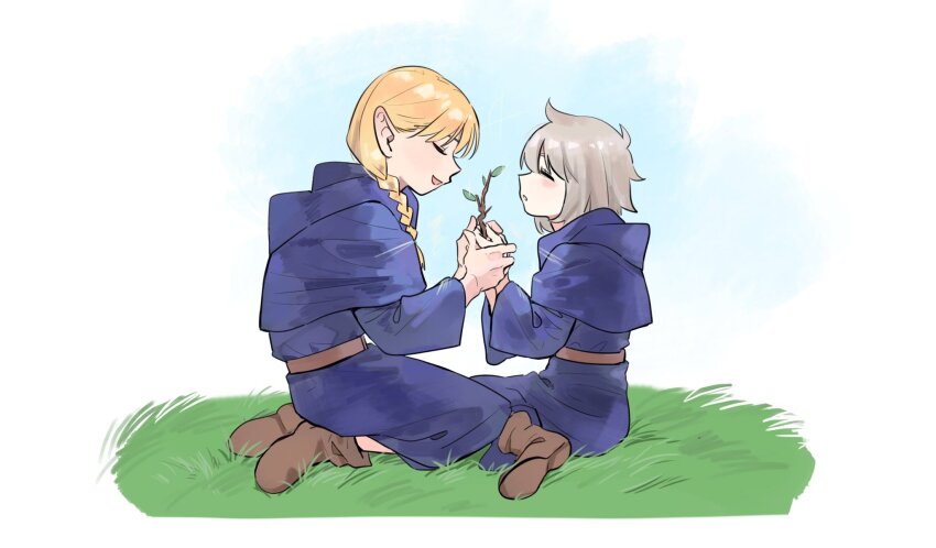 2girls blonde_hair blush_stickers closed_eyes day dungeon_meshi falin_touden grass grey_hair highres holding holding_sword holding_weapon knightym22 long_hair marcille_donato medium_hair multiple_girls outdoors pointy_ears shoes sitting smile sword twig weapon yuri