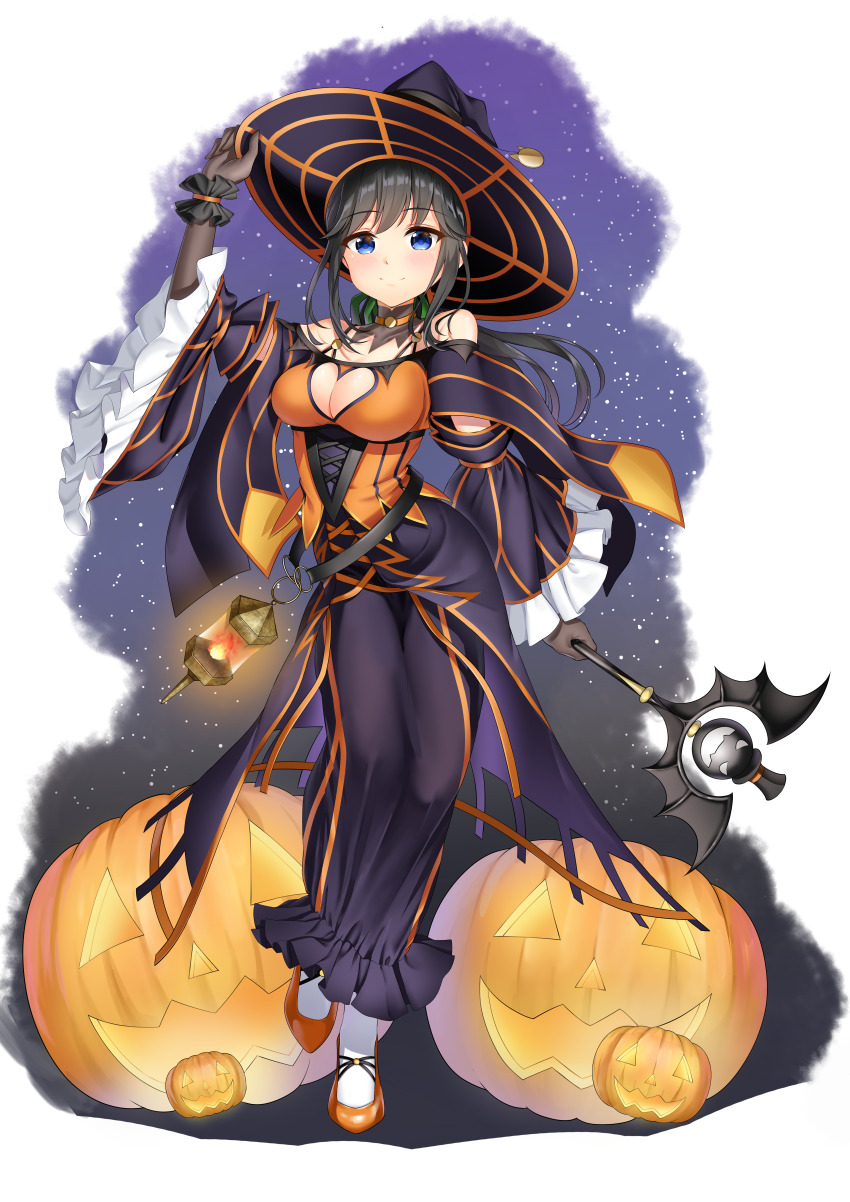 1girl absurdres black_dress black_gloves black_hair black_hat black_wrist_cuffs blue_eyes blush breasts cleavage closed_mouth clothing_cutout commentary_request cross-laced_clothes detached_collar detached_sleeves dress fire frilled_sleeves frilled_wrist_cuffs frills full_body gloves glowing halloween hat heart_cutout highres holding holding_wand jack-o&#039;-lantern lantern orange_shoes original panties rissenka shoes smile solo striped_sleeves underwear wand white_panties witch witch_hat wrist_cuffs