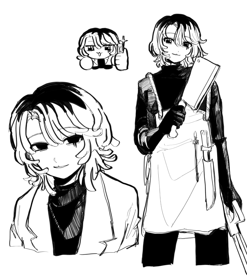 1boy :3 absurdres apron cleaver coat commentary_request greyscale highres hitchhiker_a_(randal&#039;s_friends) holding holding_cleaver holding_knife holding_saw knife looking_at_viewer machete male_focus monochrome multiple_views randal&#039;s_friends short_hair simple_background white_background zakuro_(kdxd87965)