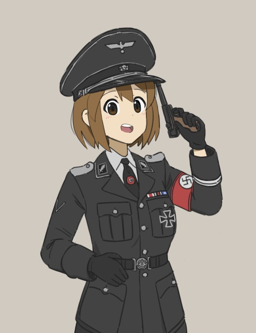1girl armband black_cat03 black_gloves black_jacket black_necktie brown_eyes brown_hair collar_tabs gloves gun highres hirasawa_yui jacket k-on! looking_at_viewer military_dress_uniform military_uniform nazi nazi_party_pin necktie open_mouth shirt short_hair simple_background smile solo ss_insignia ss_uniform swastika totenkopf waffen-ss weapon