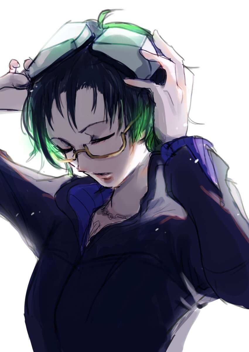 1boy black_hair glasses gnosia goggles green_hair highres jacket jewelry koyuuuuuuuuuuu long_sleeves looking_at_viewer male_focus navel necklace sha-ming shirt short_hair simple_background solo upper_body white_background