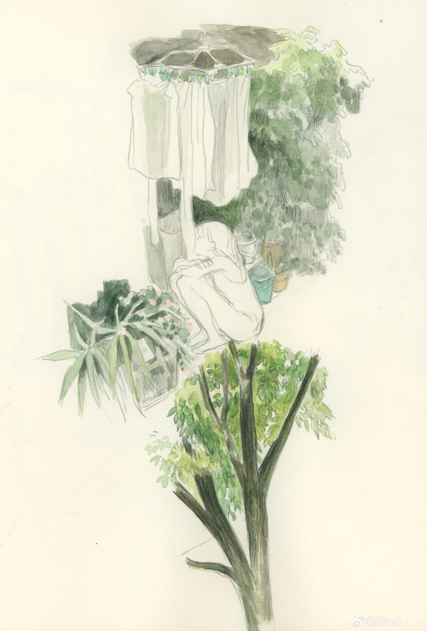 absurdres arms_on_knees bare_arms bare_legs bare_shoulders barefoot bucket clothesline commentary crossed_arms english_commentary faceless faceless_female from_side highres kgeroua knees_up long_hair one-piece_swimsuit original sitting straight_hair swimsuit tree