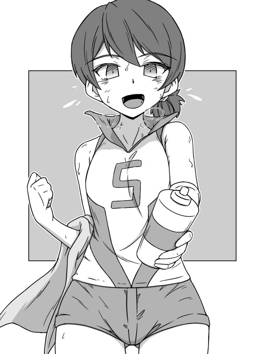 1girl bottle breath cowboy_shot flying_sweatdrops girls_und_panzer giving greyscale highres holding holding_bottle holding_towel kawanishi_shinobu looking_at_viewer monochrome ponytail renshiu shirt short_hair short_ponytail short_shorts shorts sleeveless sleeveless_shirt solo sportswear standing sweat towel volleyball_uniform water_bottle