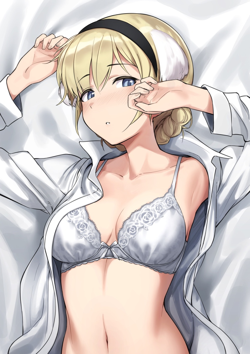 1girl absurdres black_hairband blonde_hair blue_eyes blush bow bow_bra bra breasts commentary curly_hair fankupl female_focus hairband highres lace lace-trimmed_bra lace_trim long_sleeves looking_at_viewer lying medium_breasts medium_hair navel noble_witches nose_blush on_back open_clothes parted_lips partially_undressed rosalie_de_hemricourt_de_grunne shirt short_hair solo symbol-only_commentary underwear upper_body white_shirt world_witches_series