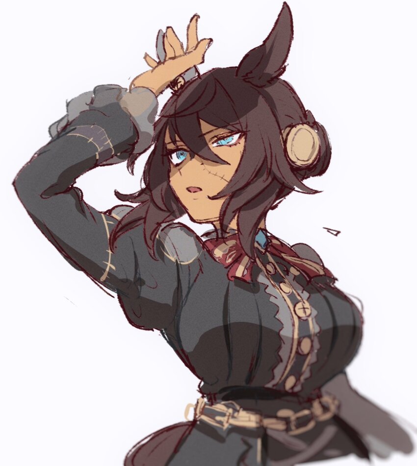 1girl animal_ears aqua_eyes arm_up black_dress breasts brown_hair chain dark-skinned_female dark_skin dress hair_bun highres horse_ears horse_girl horse_tail juliet_sleeves large_breasts long_sleeves open_mouth patchwork_skin puffy_sleeves sekiyu_inu shading_eyes short_hair simple_background solo symboli_kris_s_(jetblack_automaton)_(umamusume) symboli_kris_s_(umamusume) tail umamusume upper_body white_background