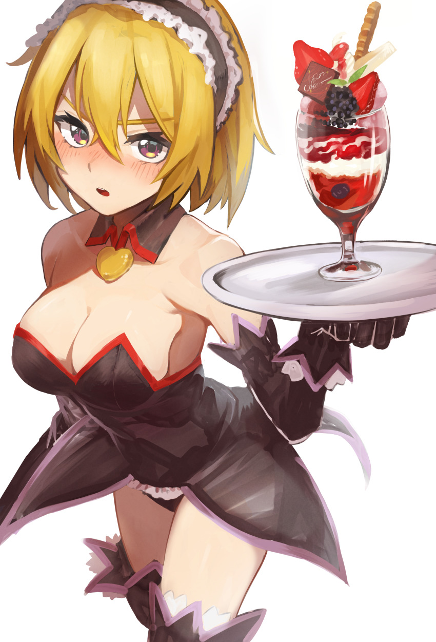 1girl absurdres aged_up bare_shoulders black_dress black_gloves black_thighhighs blonde_hair blush breasts cleavage collarbone commentary_request cowboy_shot detached_collar detached_sleeves dress food glaring glass gloves hair_between_eyes heart highres higurashi_no_naku_koro_ni higurashi_no_naku_koro_ni_gou hiragi_sage holding holding_tray houjou_satoko large_breasts looking_at_viewer maid nose_blush panties panty_peek parfait parted_lips purple_eyes short_hair solo thighhighs tray underwear