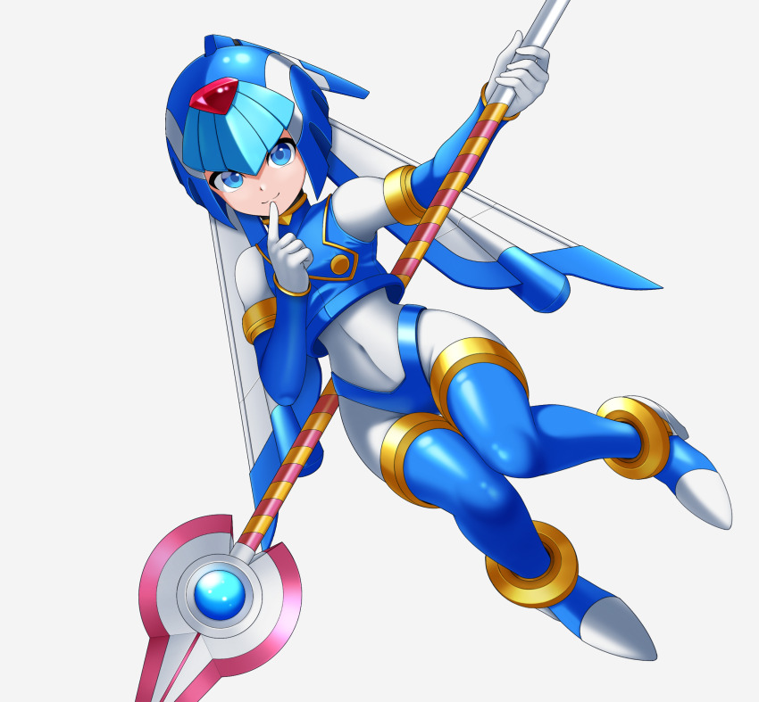 1girl armor blue_armor blue_eyes blue_helmet bubble fairy_leviathan_(mega_man) finger_to_mouth fins forehead_jewel full_body head_fins helmet highres holding holding_behind_back holding_polearm holding_polearm_behind_back holding_weapon holding_weapon_behind_back jwc_vevo mega_man_(series) mega_man_zero_(series) polearm simple_background solo spear underwater weapon white_background