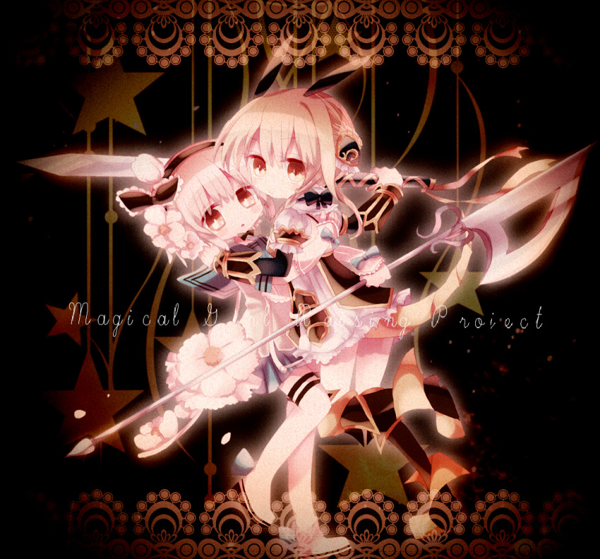 2girls black_hairband blonde_hair boots closed_mouth commentary_request copyright_name english_text film_grain flower grey_sailor_collar grey_skirt hair_flower hair_ornament hairband holding holding_sword holding_weapon la_pucelle_(mahoiku) mahou_shoujo_ikusei_keikaku miniskirt multiple_girls no_nose open_mouth pink_hair pleated_skirt sailor_collar sailor_shirt shirt short_hair skirt snow_white_(mahoiku) star_(symbol) sword tail thigh_boots usagi_nui weapon white_boots white_flower white_shirt yellow_eyes