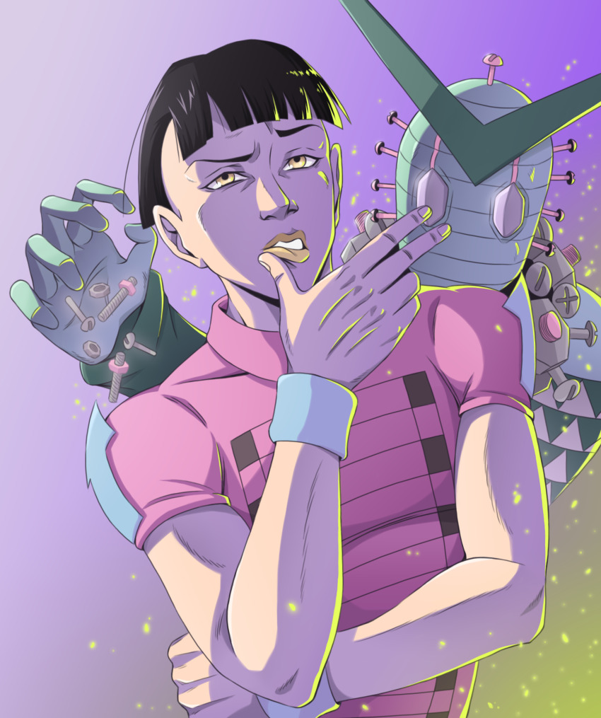 1boy 1other arrow_(symbol) black_hair bolt_(hardware) commentary_request higashikata_joshu high_collar highres jojo_no_kimyou_na_bouken jojolion kristallion long_bangs male_focus nut_(hardware) nut_king_call pink_shirt purple_background purple_eyes shirt stand_(jojo) teeth undercut upper_body wristband yellow_eyes yellow_lips