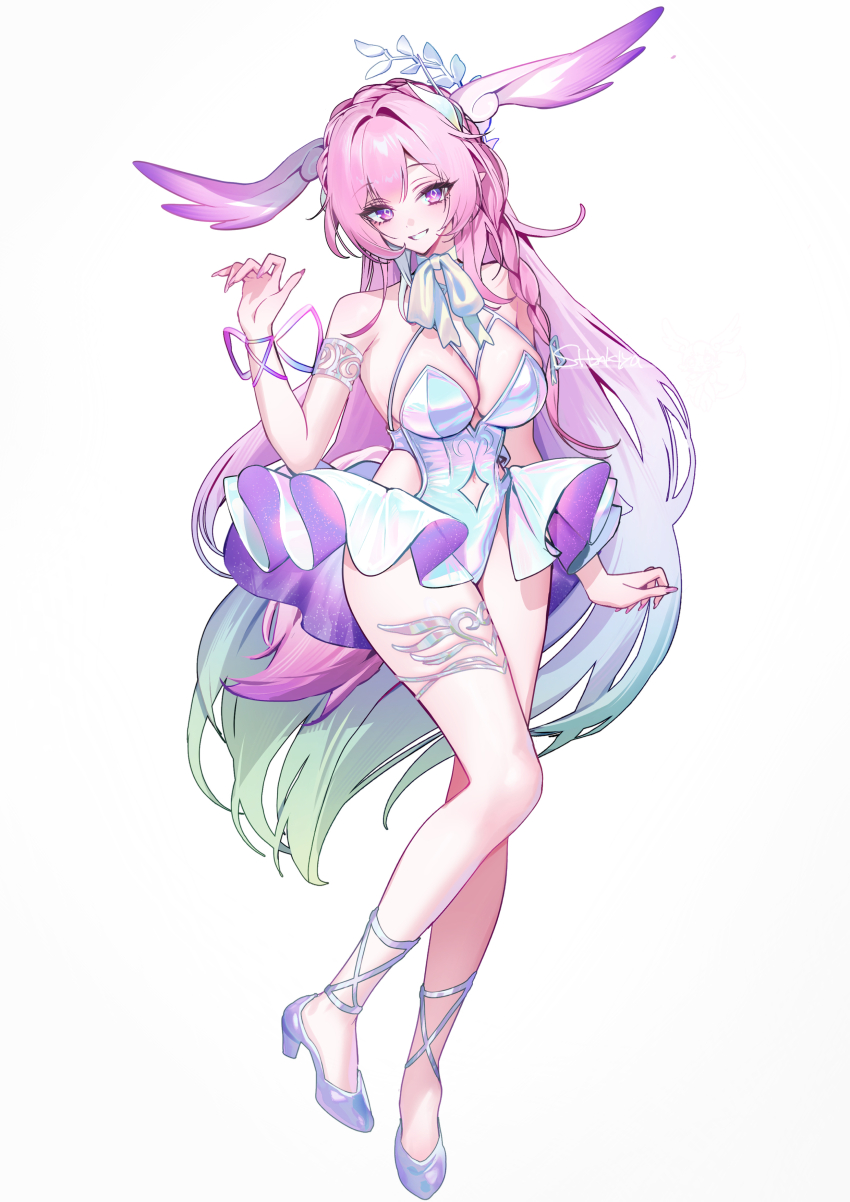 1girl absurdres alternate_costume aqua_hair armlet bare_shoulders braid breasts cleavage commentary_request cyrene_(honkai:_star_rail) cyrene_(ripples_of_past_reverie)_(honkai:_star_rail) fingernails full_body gradient_hair green_hair hair_intakes hand_up high_heels highres honkai:_star_rail honkai_(series) jewelry large_breasts leotard long_fingernails long_hair looking_at_viewer multicolored_hair nail_polish parted_lips pink_hair pink_nails purple_eyes purple_shoes shizaki shoes showgirl_skirt signature smile solo symbol-shaped_pupils tachi-e thighs very_long_hair