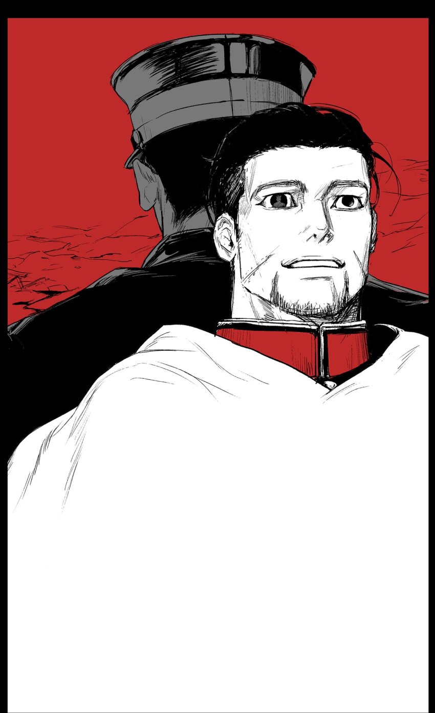 2boys back-to-back black_border black_eyes black_hair black_jacket border brothers character_request chongmu collared_jacket eye_reflection facial_hair goatee golden_kamuy hair_slicked_back half-siblings hanazawa_yusaku hat highres jacket limited_palette looking_ahead military_hat mismatched_pupils multiple_boys ogata_hyakunosuke open_mouth peaked_cap red_background red_jacket reflection shawl short_hair siblings simple_background teeth undercut upper_body white_shawl