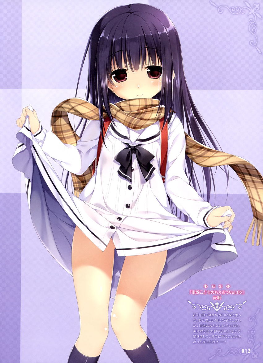 1girl absurdres backpack bag black_bow black_hair black_socks bow chikotam clothes_lift dengeki dress dress_lift english_text female_focus highres kneehighs legs lifting_own_clothes long_hair plaid_clothes plaid_scarf randoseru red_eyes sailor_dress scarf smile socks solo thigh_gap white_dress