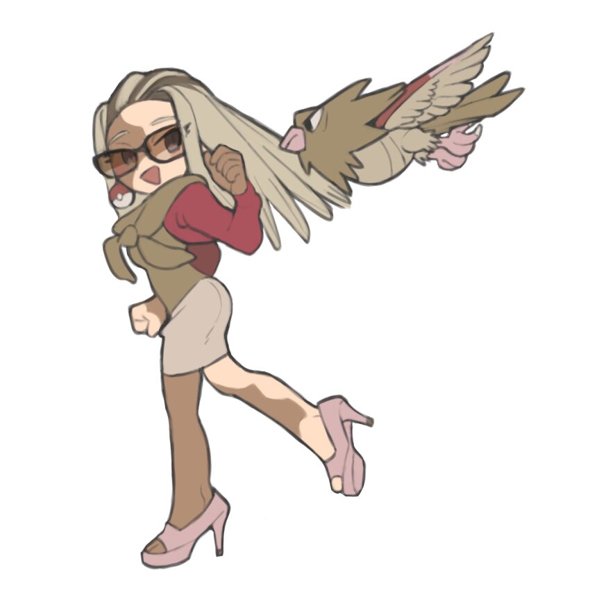 1girl bird brown_hair brown_scarf brown_shoes colored_skin commentary_request dark-skinned_female dark_skin earrings gen_1_pokemon glasses high_heels highres jewelry kinni miniskirt multicolored_hair multicolored_skin nintendo open_mouth original pink_shoes poke_ball_earrings pokemon pokemon_(creature) scarf shoes skirt smile spearow two-tone_hair two-tone_skin vitiligo