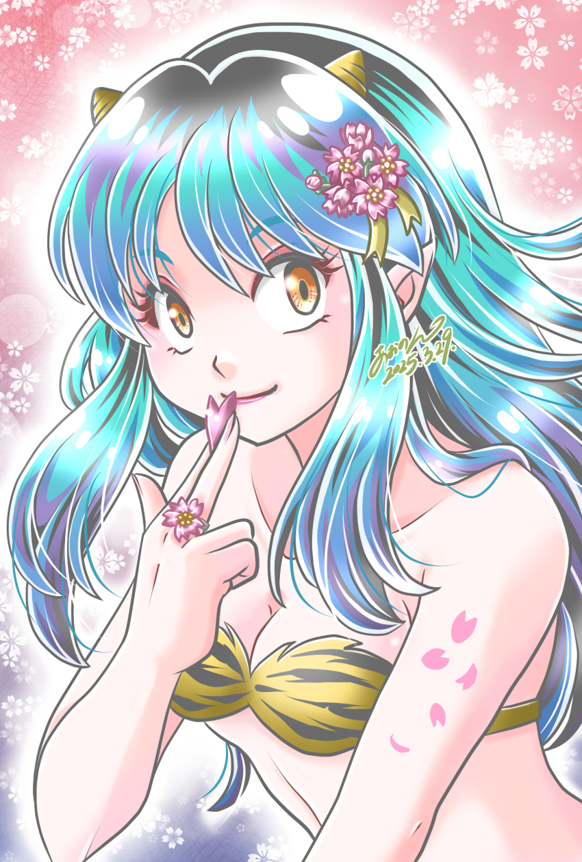 1girl 2025 animal_print aononmi black_hair blue_hair bra closed_mouth dated floral_background flower flower_ring highres holding holding_petal horns lum multicolored_hair orange_eyes petals pink_background pink_flower pointy_ears signature smile solo strapless strapless_bra striped_bra striped_clothes tiger_print tiger_stripes underwear upper_body urusei_yatsura yellow_bra