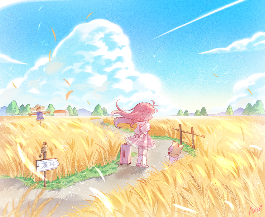 1girl ^_^ ahoge animal arms_behind_back bird black_eyes blue_sky bow bowtie brown_bird cat chibi cloak closed_eyes clothed_animal cloud collared_shirt copyright_name day dress ear_covers earrings farm fence floating_clothes floating_hair frilled_sleeves frills highres hood hood_up hooded_cloak jewelry kneehighs light_particles long_hair mary_janes medium_dress miracle_nikki momo_(nikki) mountainous_horizon nikki_(nikki) nikki_(series) nuan_nuan_-nikki open_mouth outdoors path pink_dress pink_hair pink_shoes pleated_dress pom_pom_(clothes) pom_pom_earrings puffy_short_sleeves puffy_sleeves red_bow red_bowtie road scarecrow shadow shirt shoes short_sleeves sign simple_bird sky smile snowflake_print socks solid_oval_eyes sparrow standing suitcase traditional_bowtie tree very_long_hair wheat_field whiskers white_cat white_shirt white_socks wind yellow_cloak