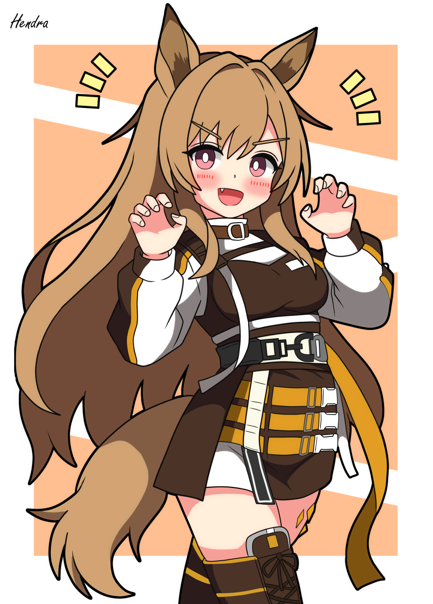 1girl :d absurdres animal_ears arknights artist_name black_outline blush boots border bright_pupils brown_boots brown_dress brown_hair brown_tail ceobe_(arknights) claw_pose commentary_request cowboy_shot dress fang fingernails hands_up hendra highres long_hair long_sleeves looking_at_viewer material_growth notice_lines open_mouth oripathy_lesion_(arknights) outline outside_border partial_commentary pink_eyes signature smile solo standing tail thigh_boots white_border white_pupils